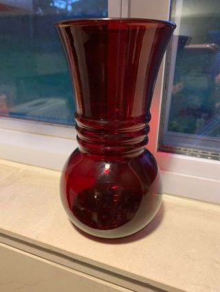 Vintage Anchor Hocking Royal Ruby Red Glass Ribbed Vase 6 1/2 " Tall