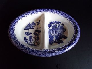 Churchill England Blue Willow Oval Divided Vegetable Serving Bowl