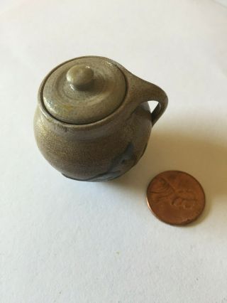 Wisconsin Pottery Miniature Stoneware Salt Glaze Handled Crock W/ Lid Primitive