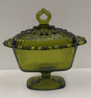 Vintage Green Glass Pedestal Covered Candy Dish W/lid & Open Lace Ribbed Design