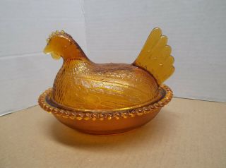 Vintage Indiana Glass Amber Hen On Nest Rooster Beaded