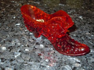 Vintage Fenton Red Hobnail Glass Cat Head Shoe