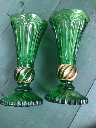 2 Emerald Green Depression Glass Vintage Antique Old 6” Vase Vases
