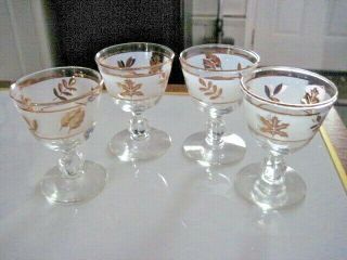 Set Of 4 Libbey 4 " Glass Gold Leaf Frosted Wine Cordial Glasses Stemware Vintage