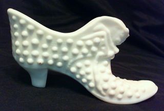 Vintage White Milk Glass Hobnail & Cat Face Shoe Figurine,  Fenton
