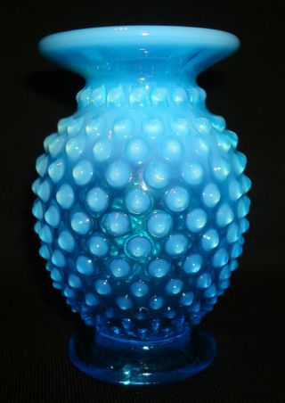 Vintage Fenton Art Glass Blue Opalescent Hobnail 3 ½” Mini Flared Edge Bud Vase