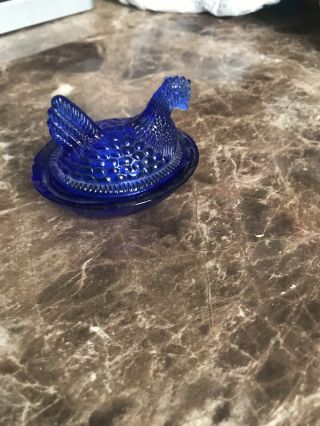 Cobalt Blue Glass Small Hen On The Nest Covered Salt Dip 3”w 2”h