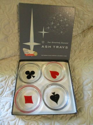 Vintage Playing Card Suit Federal Glass Trump Coaster Ash Tray Set W Box Poker