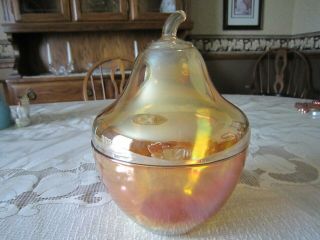 Vtg Jeanette Iridescent Marigold Carnival Glass Pear Covered Jar