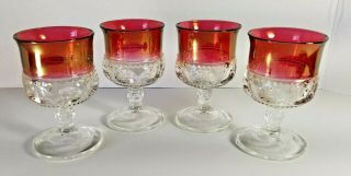 Set Of 4 Vintage Kings Crown Ruby Red Clear Thumbprint Cognac Cordial Glasses