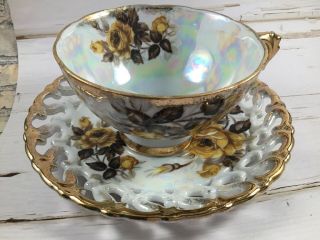 Vintage Royal Sealy Footed Teacup Saucer Reticulated Gold Yellow Iridescent