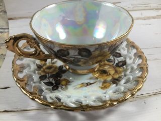 Vintage Royal Sealy Footed Teacup Saucer Reticulated Gold Yellow Iridescent 3