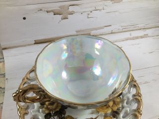 Vintage Royal Sealy Footed Teacup Saucer Reticulated Gold Yellow Iridescent 4