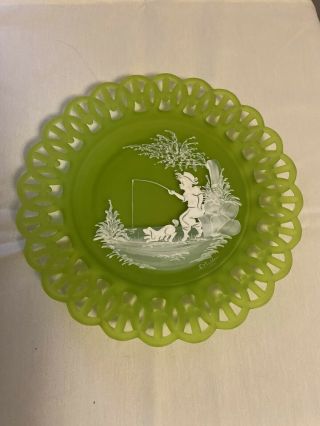 Westmoreland Glass Plate Mary Gregory Style Boy Fishing Green Mist