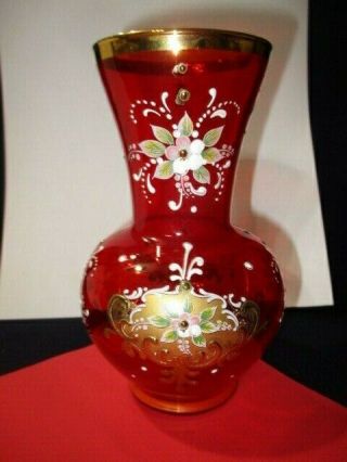 Licorice Red Florentine Art Glass Vase Gold & Floral Enamel Decorated By Hand