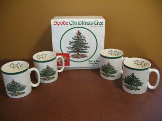 Spode China Christmas Tree Tom & Jerry Mug Set Of 4 England Stamp Green Trim
