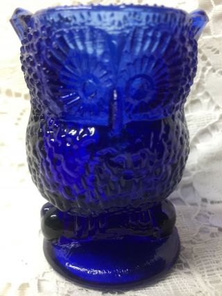 Blue Vaseline glass OWL Toothpick holder Bird uranium screech cobalt great horn 4