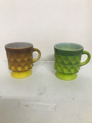 2 Vintage Anchor Hocking Fire King Coffee Cup Mug Green/yellow Kimberly Diamond
