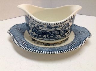 Currier & Ives Gravy Boat With Underplate Blue Royal China Usa