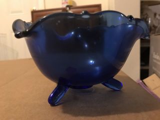 Cobalt Blue Glass Candy Dish Centerpiece Accent Footed Bowl With Ruffled Edge