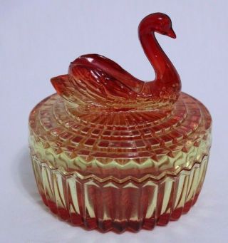 Vintage Jeanette Amberina Red & Yellow Glass Swan Candy Trinket Powder Dish