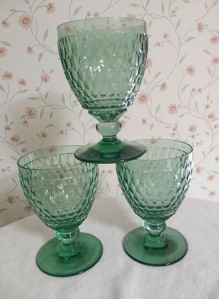 Set Of 3 Villeroy & Boch Boston Green Crystal Goblet Glasses