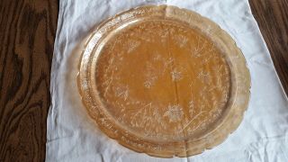 Vintage Carnival Glass Amber Platter With Etched Flowers Iridescent