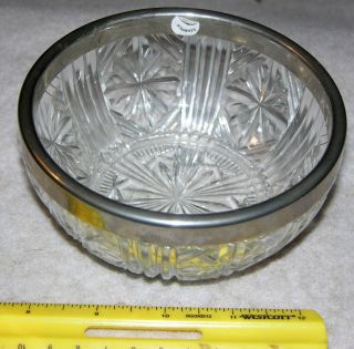 Vintage 4 - 3/4 " Cut Glass Bowl With Metal Rim & Crystal Geometric Design