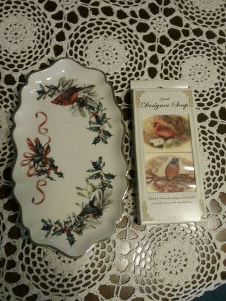 Lenox Winter Greetings 10 " Ivory With Holly Berry Oblong Tray With Designer Soap