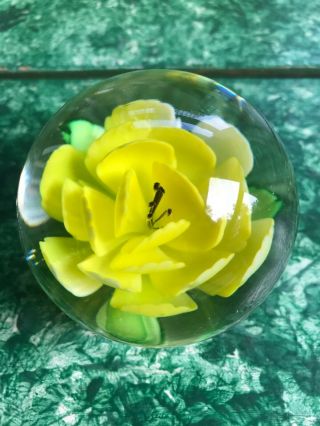 Antique Vintage Yellow Flower Glass Ball Paper Weight