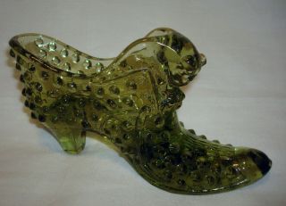 Vintage Fenton Art Glass Olive Green Hobnail Cat Head Shoe Slipper Heel Boot
