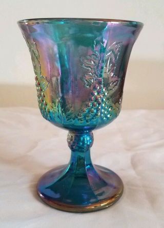 Vintage Blue Carnival Glass Goblet,  Wine,  Harvest Grapes,  Indiana
