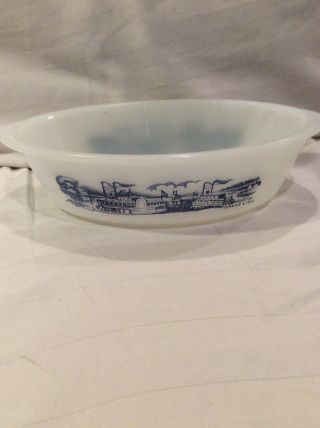 Currier And Ives Milk Glass Casserole Dish Blue Steam Boat 1qt.