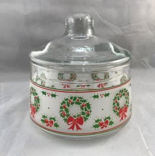 Indiana Glass Victorian Christmas Candy Dish With Lid Wreath Holly Berries Clear