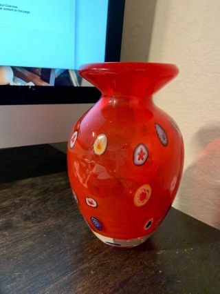 Vintage Murano Millefiori Hand Blown Art Glass Vase Cherry Red 7 "
