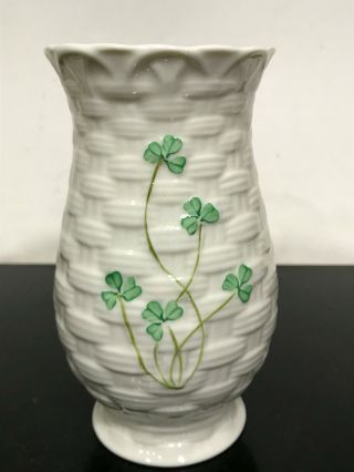 Vtg Belleek Ireland Basket Weave Porcelain Flower Vase 6”