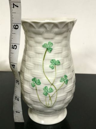 Vtg BELLEEK Ireland Basket Weave Porcelain Flower Vase 6” 2