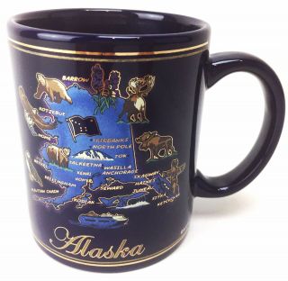 Alaska State Mug Cup Cobalt Blue Coffee Tea Metallic Gold City Ceramic