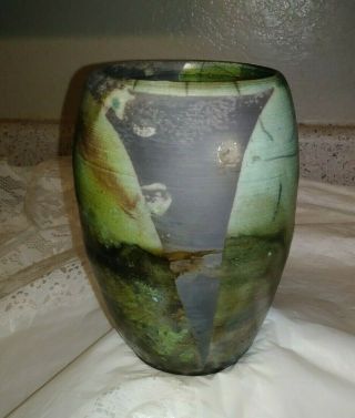 6 " Studio Art Pottery Raku Vase Iridescent Panels Horse Hair Green Gray Black Ex