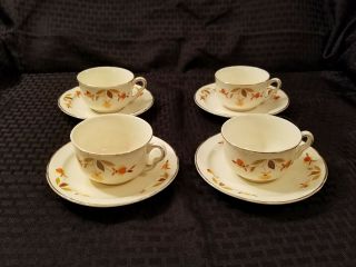 Vintage Hall Autumn Leaf Jewel T Tea Cups And Saucers Set Of 4