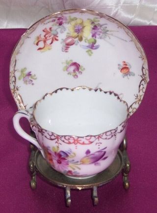 Dresden Meissen Germany Small Cup & Saucer Hand Painted Florals Gold Trim