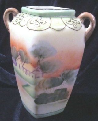 Vintage Nippon Double Handled Ewer Vase - 4.  25 In.  - Cherry Blossom? - Japan