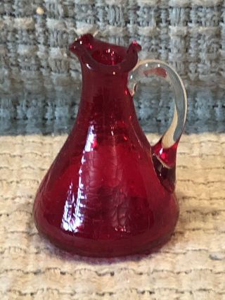 Vintage Handblown Ruby Red Crackle Glass Mini Cruet Pitcher Creamer