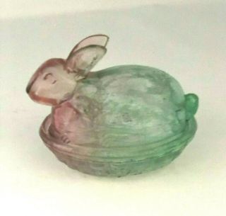 Unique Green And Pink Rabbit On Nest Candy Dish Bowl Clear Glass With Color Tint