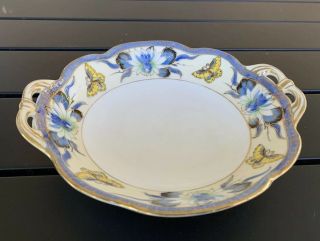 Vtg Noritake China Handled Dish Blue Yellow Butterflies Floral Hand Painted