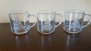 3 Vtg Arcoroc France Clear Glass Etched Christmas Tree Mugs