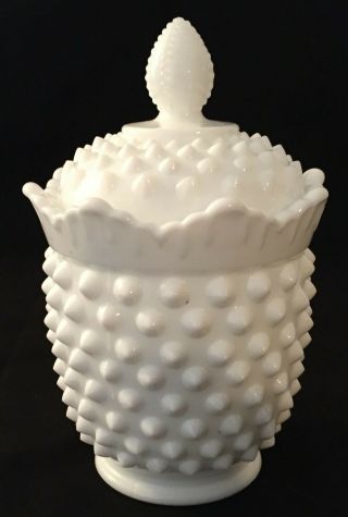 Vintage Fenton Hobnail Milk Glass Covered Candy Dish
