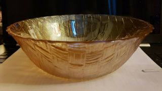 Vtg Carnival Glass Bowl In Basket Weave Pattern Amber Iridescent Glass 9 Inch