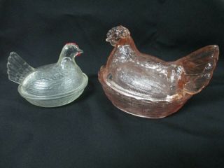 2 Vintage Glass Hens On Nest: 1 Clear,  1 Pink