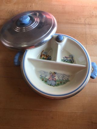 Vintage Baby Child Divided Dish Plate Little Bo Peep Food Warmer Blue With Lid